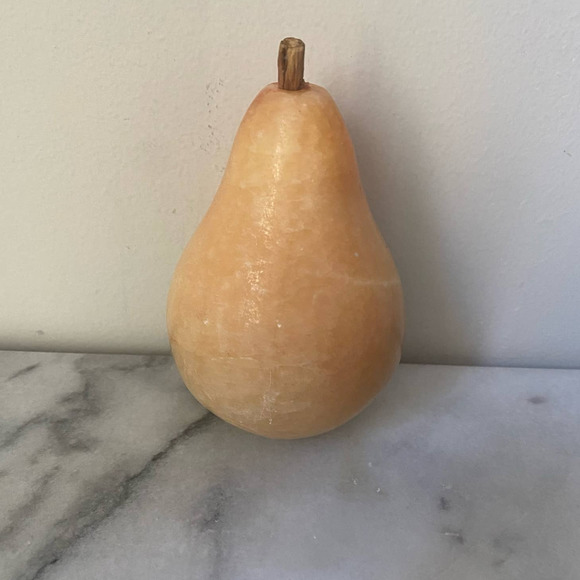 Vintage Alabaster Marble Pear Paperweight MCM Wood Stem Stone Fruit - Picture 2 of 6